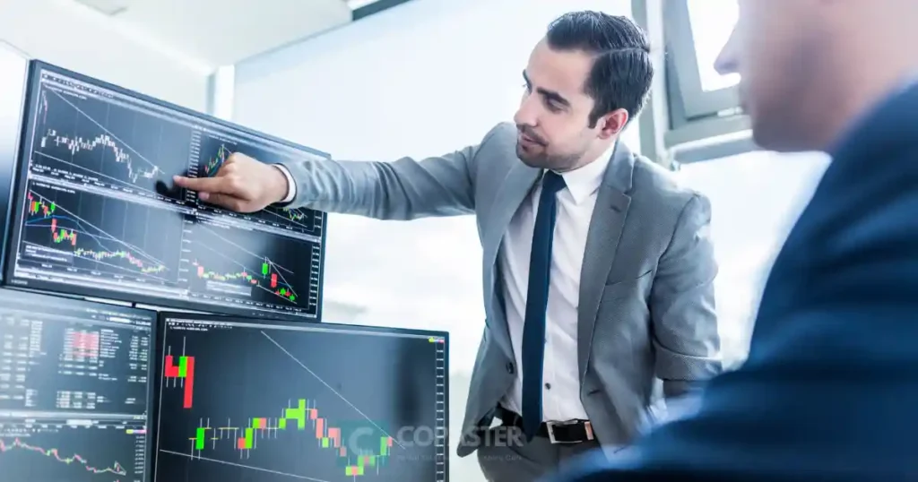 pialang sedang memberikan saran kepada calon investor